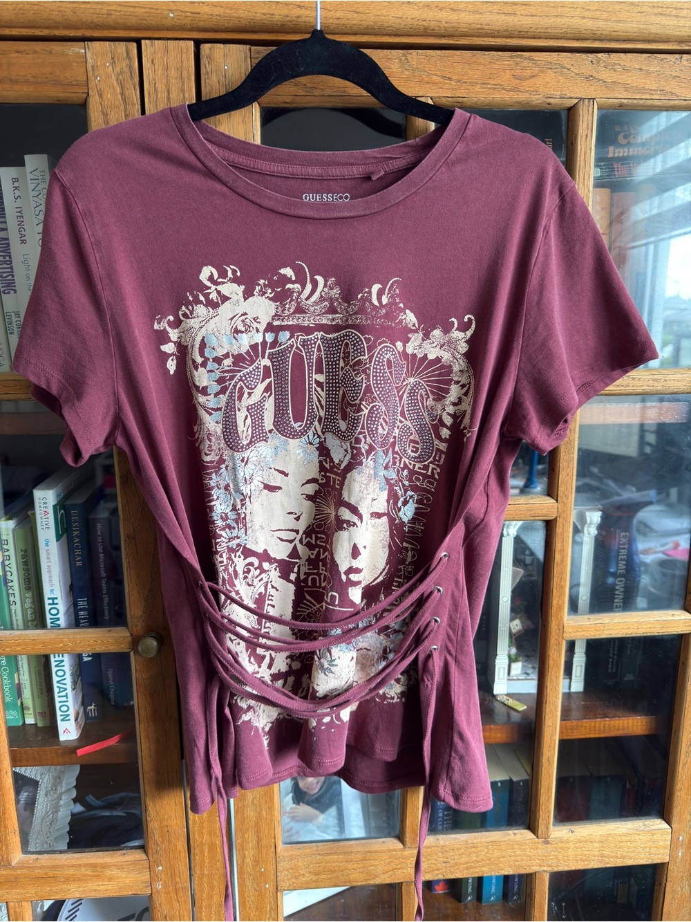 GUESS ECO Y2K Lace-Up Rhinestone Graphic Tee โ Burgundy โ Size L